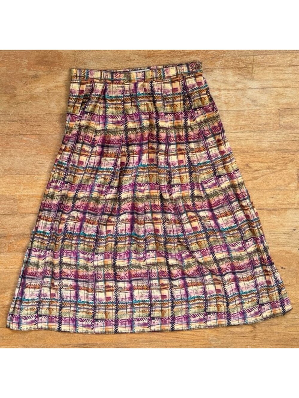 Vintage Colorful Plaid Silk Pleated Midi Skirt Size Small 28" Waist Bohemian Art